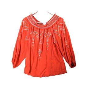 Chelsea & Theodore Top size M Orange Aztec Drop Shoulder Gathered Blouse Shirt